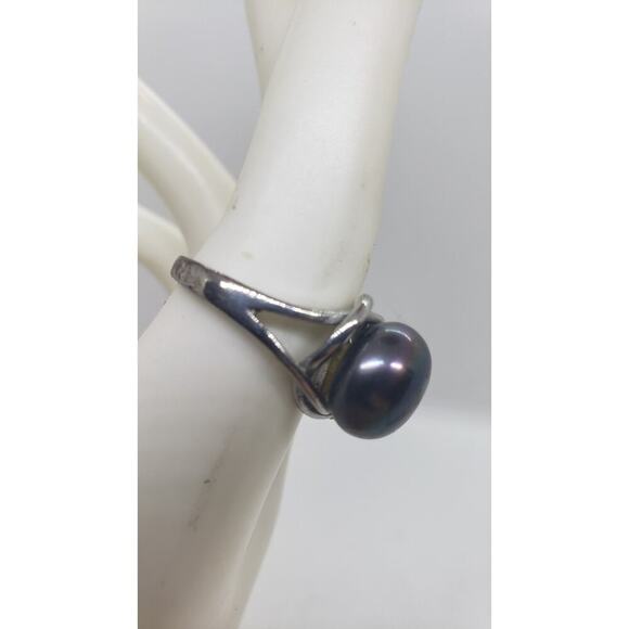 Vintage Genuine Gray Peacock Pearl Ring Size 8 Silver Plated HUGE Iridescent - Picture 5 of 11